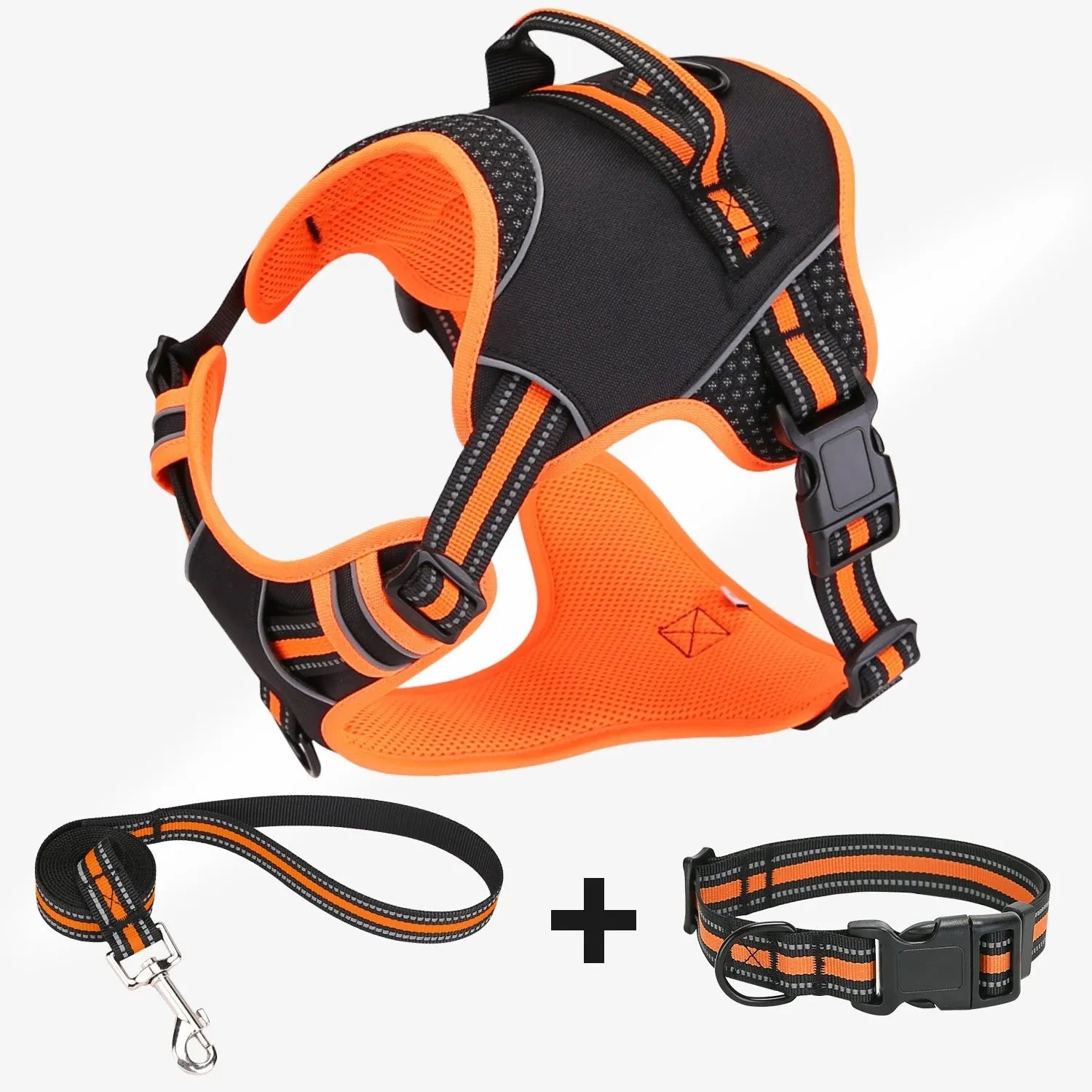 Yellow and orange polyester dog harness traction strap for outdoor pet control in three sizes