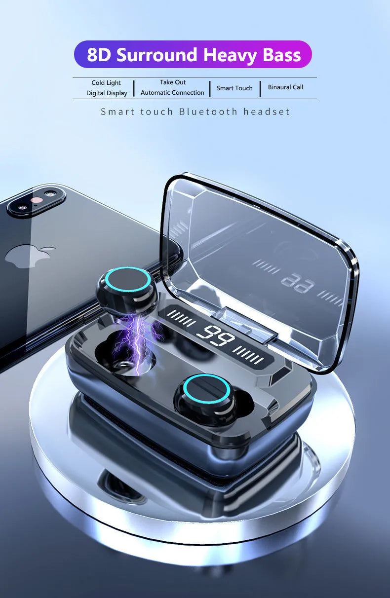 Black M11 wireless Bluetooth headset with digital display and charging case