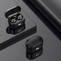 Black stereo Bluetooth earplug headset with NFC logo and power display