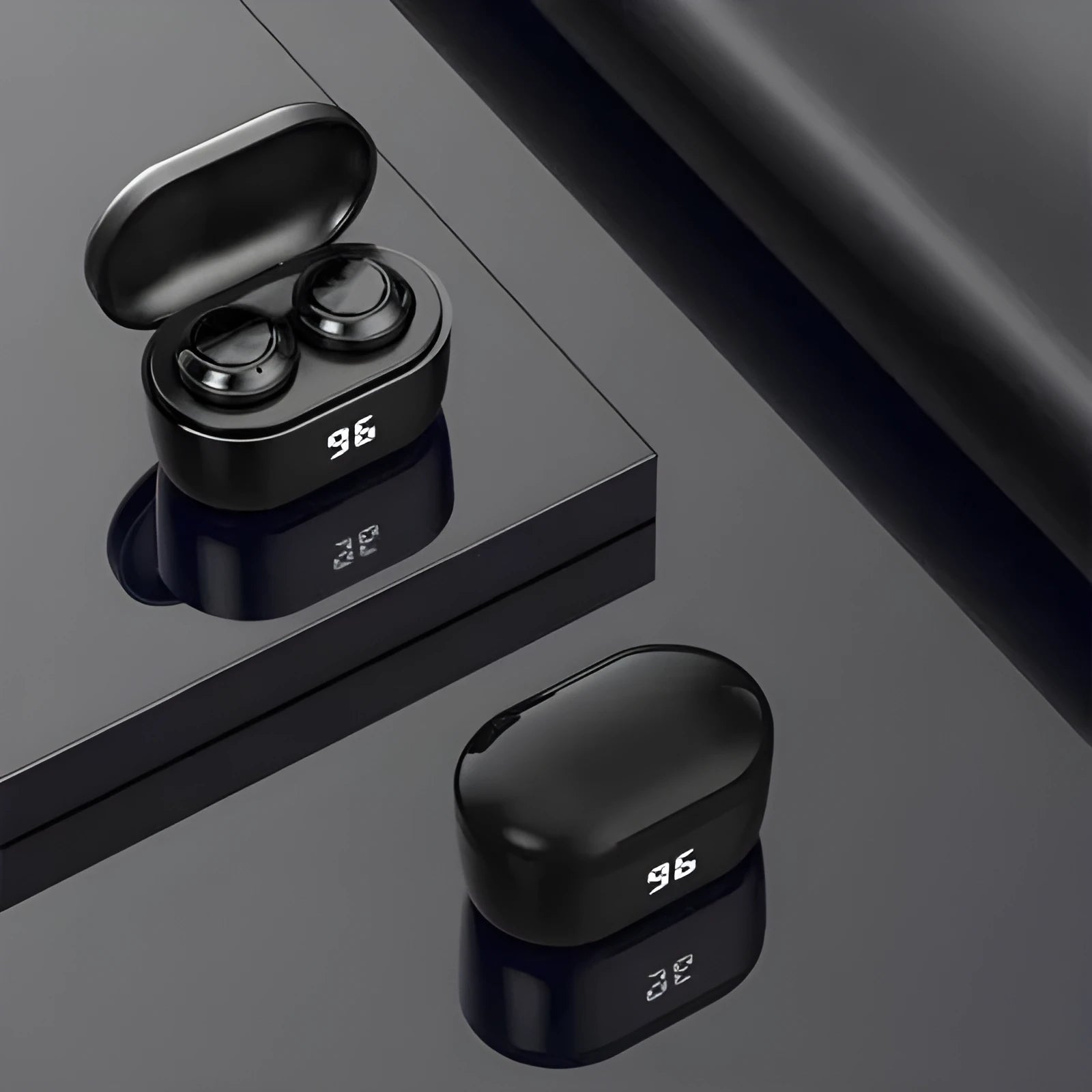 Black stereo Bluetooth earplug headset with NFC logo and power display