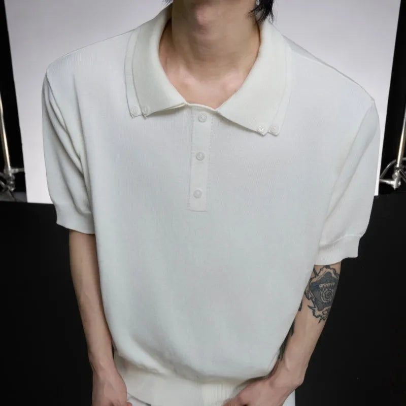 Men's slim fit knit short sleeve shirt with double collar design in black colour