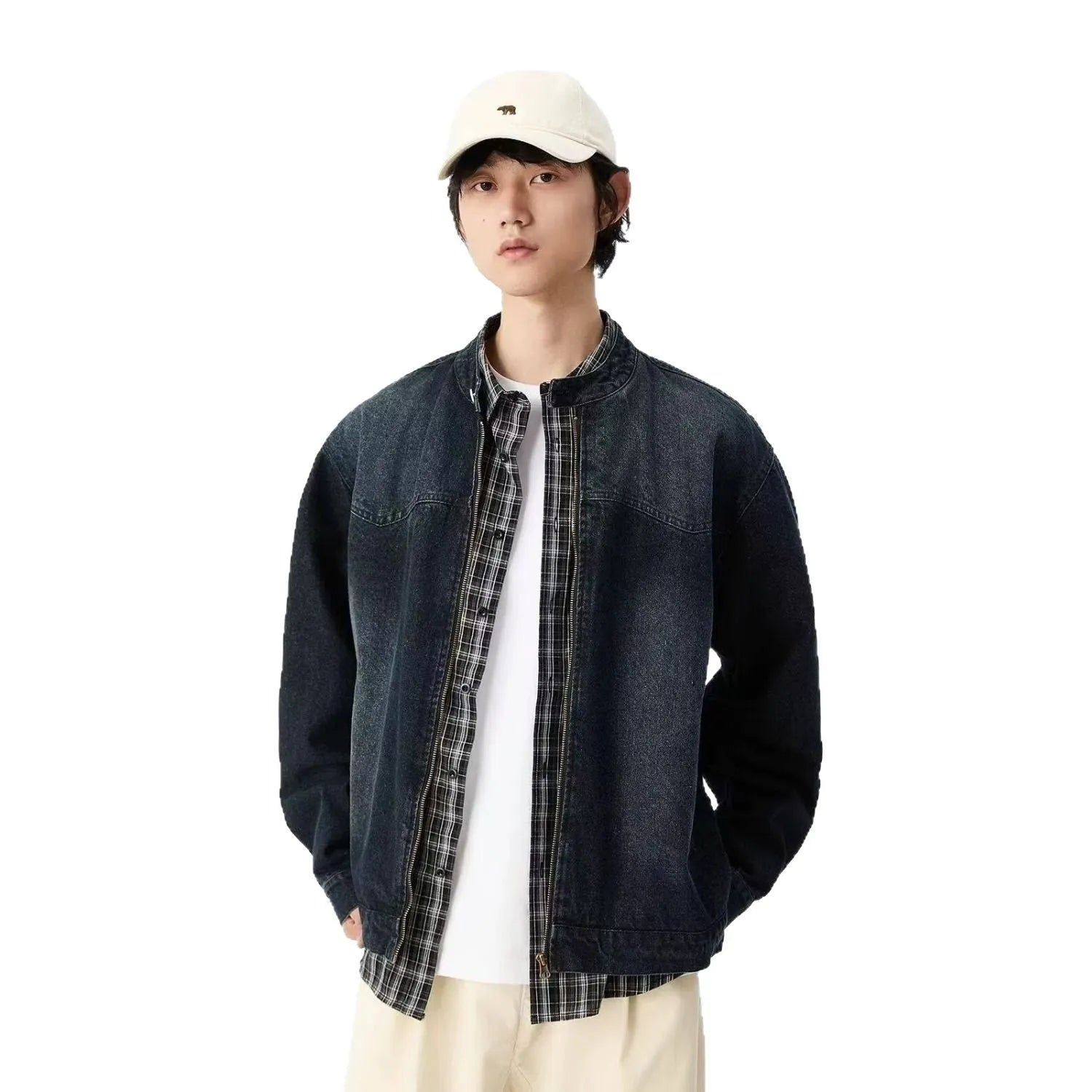 Men's washed vintage denim jacket dark blue long sleeves straight hem polyester