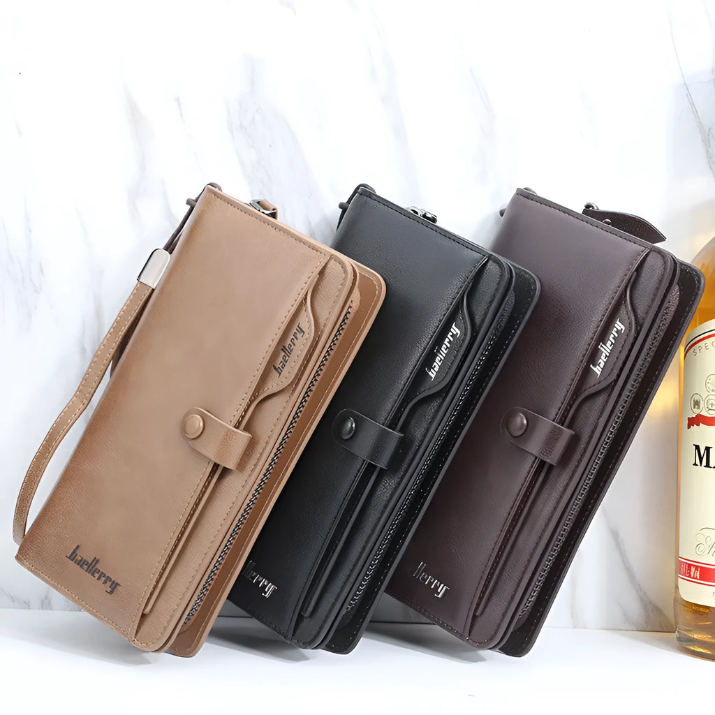 Men's retro soft PU leather multifunction phone bag wallet in brown with zippered pockets and card slots