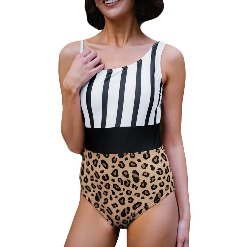 Women's leopard print asymmetric collar one-piece swimsuit with high waist triangle briefs design