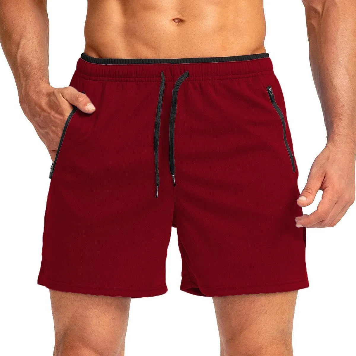 Men's running short with belt and zipper pocket in army green on white background