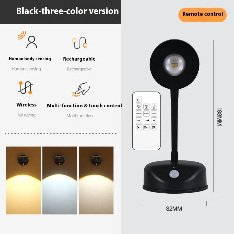 Geometric modern rechargeable wireless wall spotlight in black on a white wall.