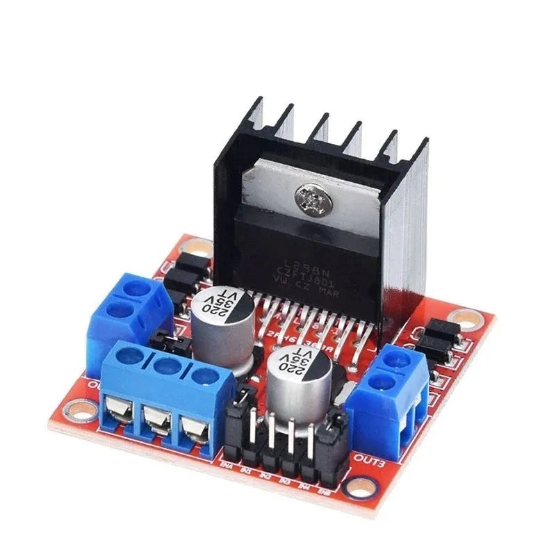 L298N motor driver board module with dual H-bridge circuitry for DC and stepper motor control