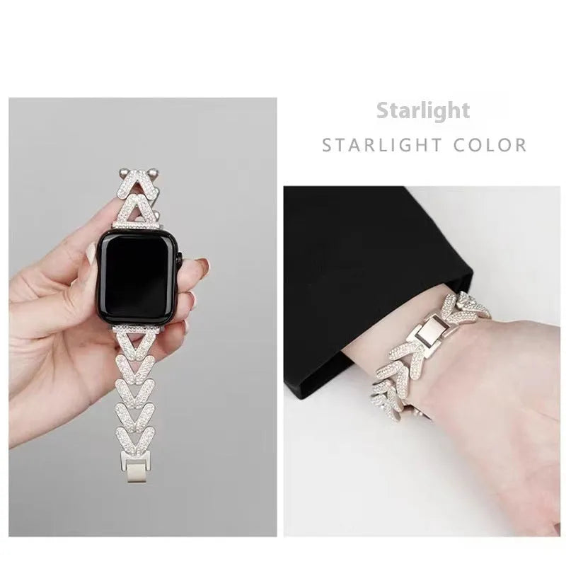 Silver metal Apple Watch strap with V-shaped diamond-embedded detailing
