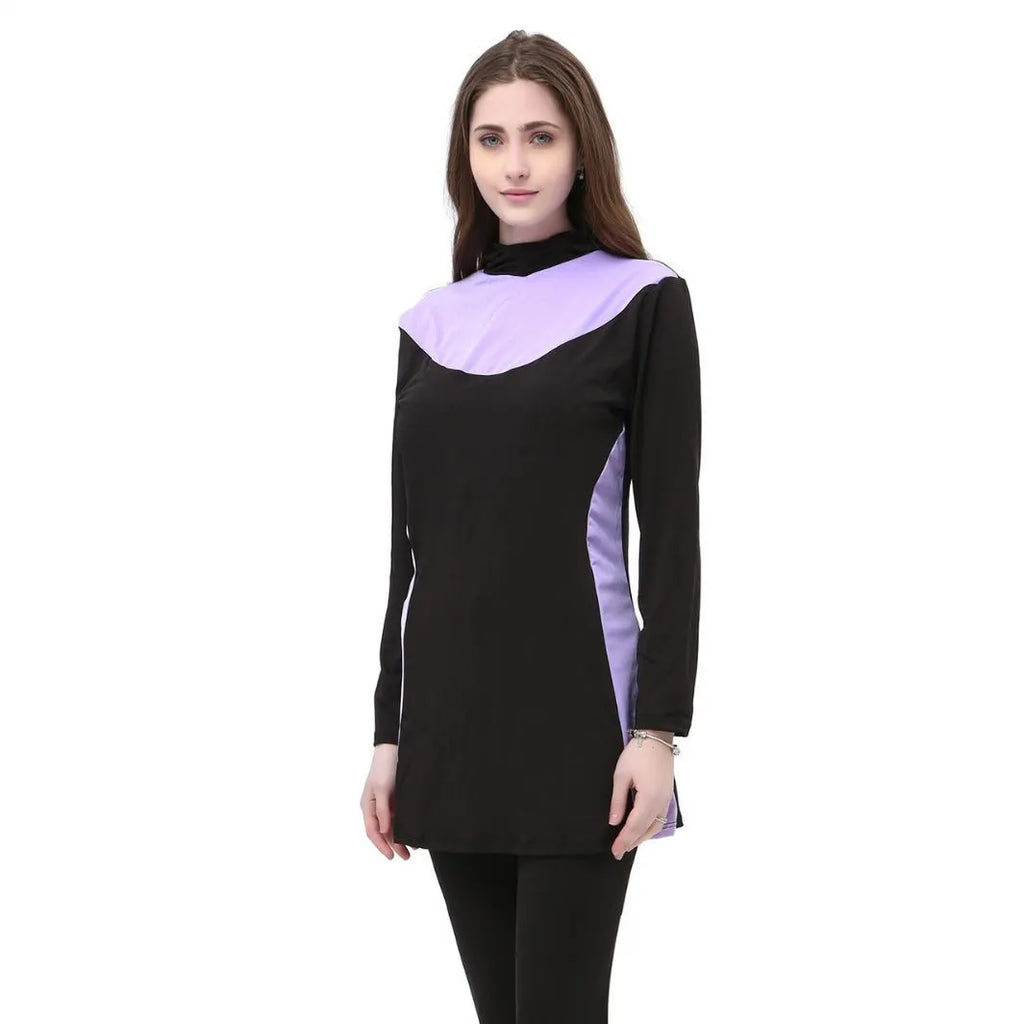 Conservative black women's swimsuit set with long sleeves, a hood, and separate pants.