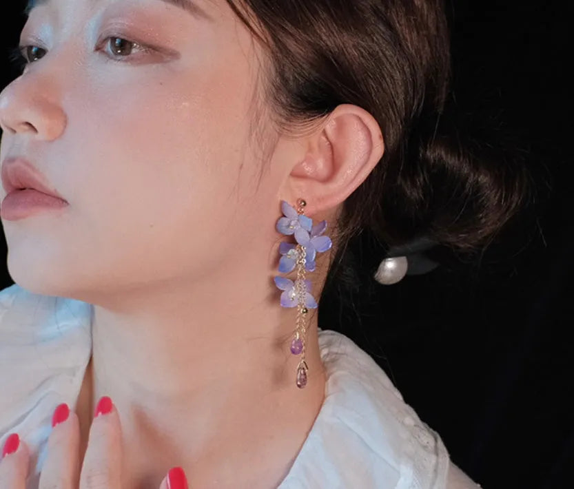 Handmade cold blue purple flower long tassel water drop earrings, gold-plated inlay with artificial gem and semi-precious stone, auricular needle or ear clip style