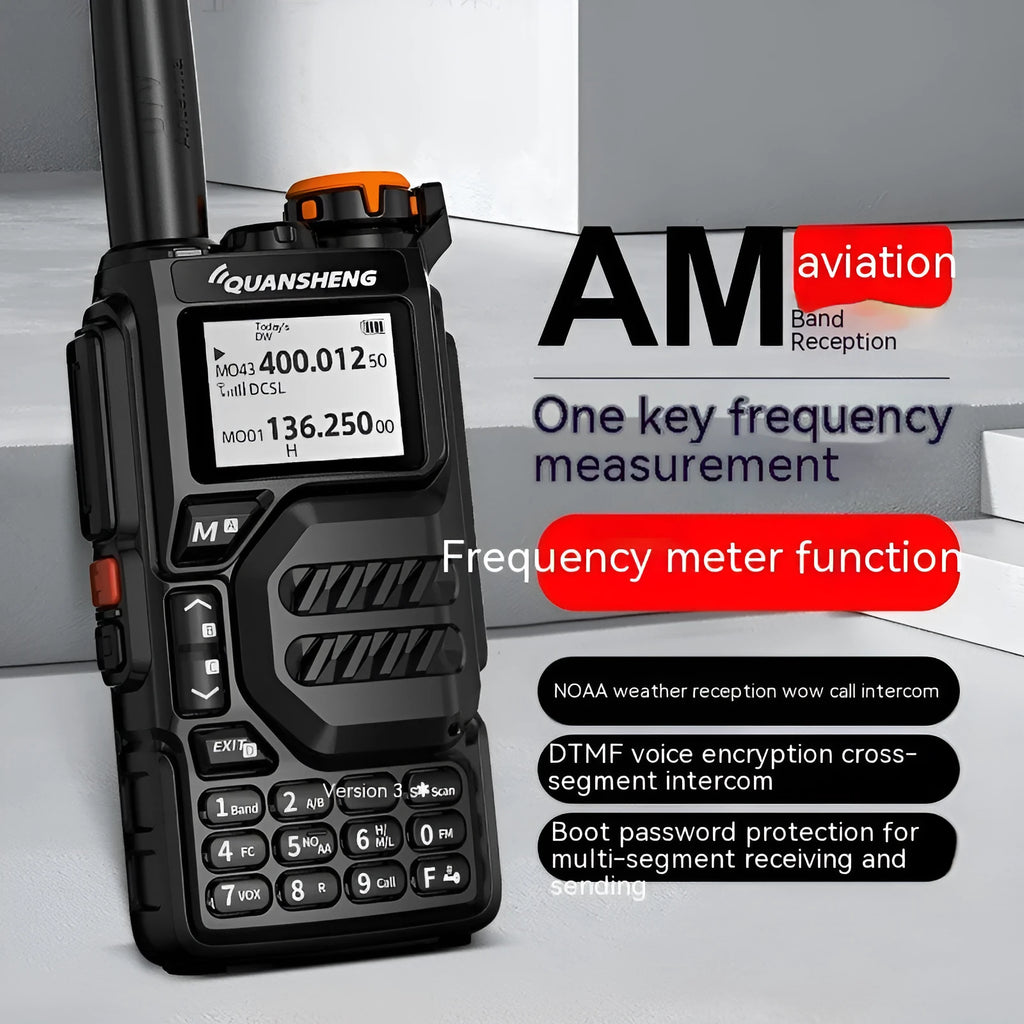 Black 5W multi-band walkie-talkie with lithium battery and antenna on plain background