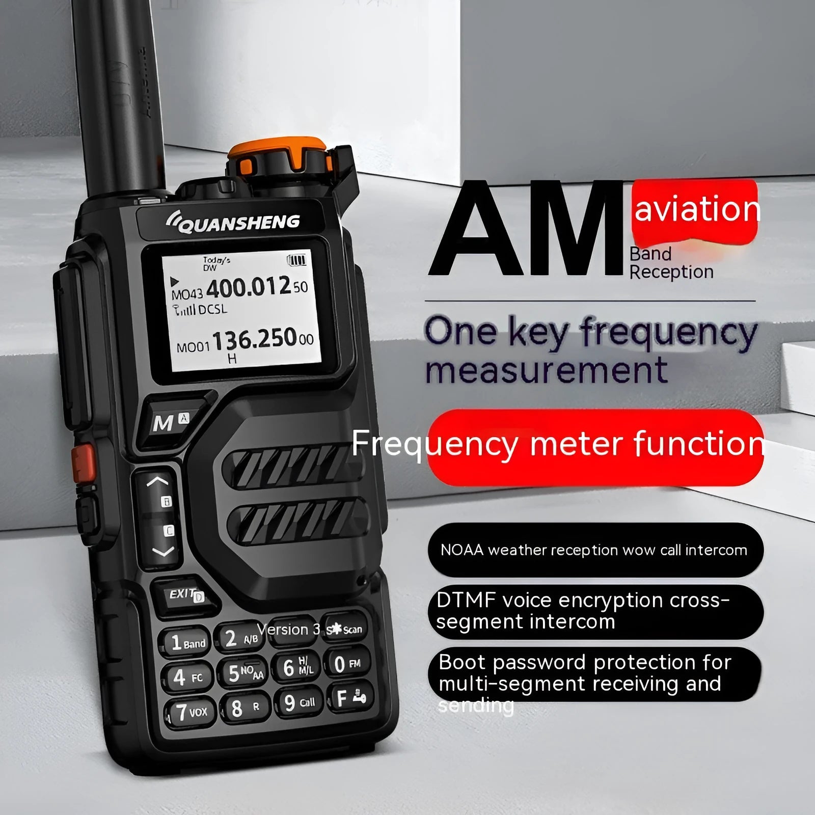 Black 5W multi-band walkie-talkie with lithium battery and antenna on plain background