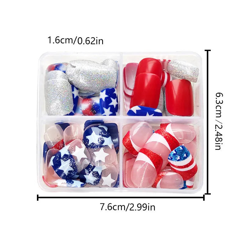 Independence day nail art set with three patriotic designs featuring five-pointed stars for short European square nails