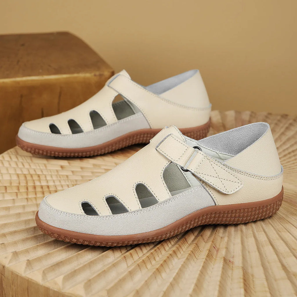 Plus size women's flat heel sandals with hollow breathable design in blue, red and white colours