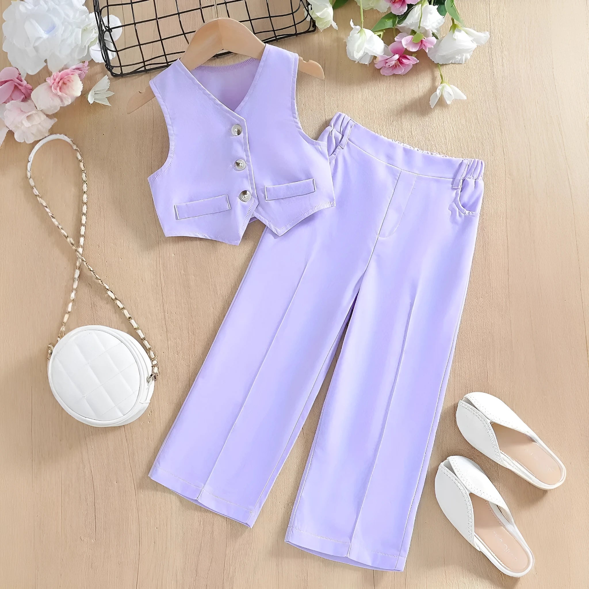 Children's summer casual polyester vest suit for girls in solid colour two-piece set with vest top and trousers