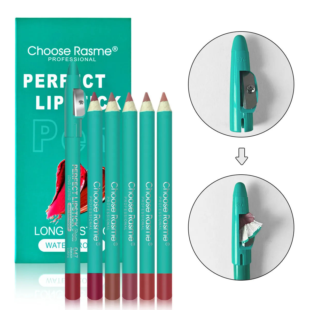 Set of six thick pen lip liners in assorted colours with a penknife sharpener, CR series
