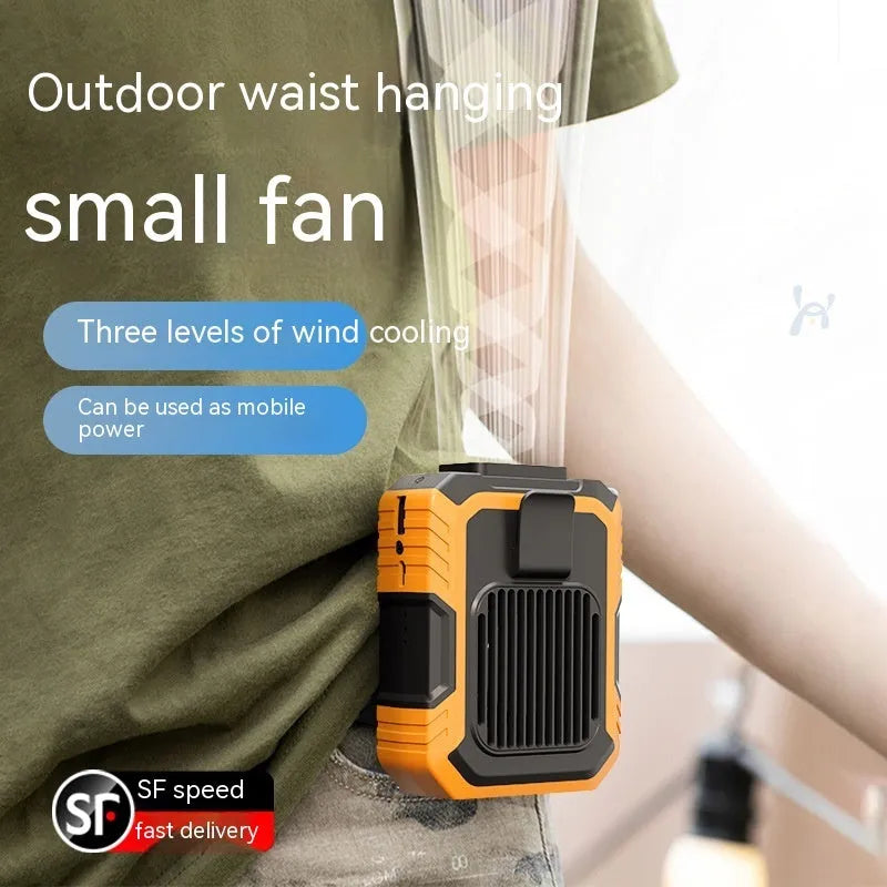 Green wrist hanging personal fan with blades, LED light, and USB charging port on a strap.