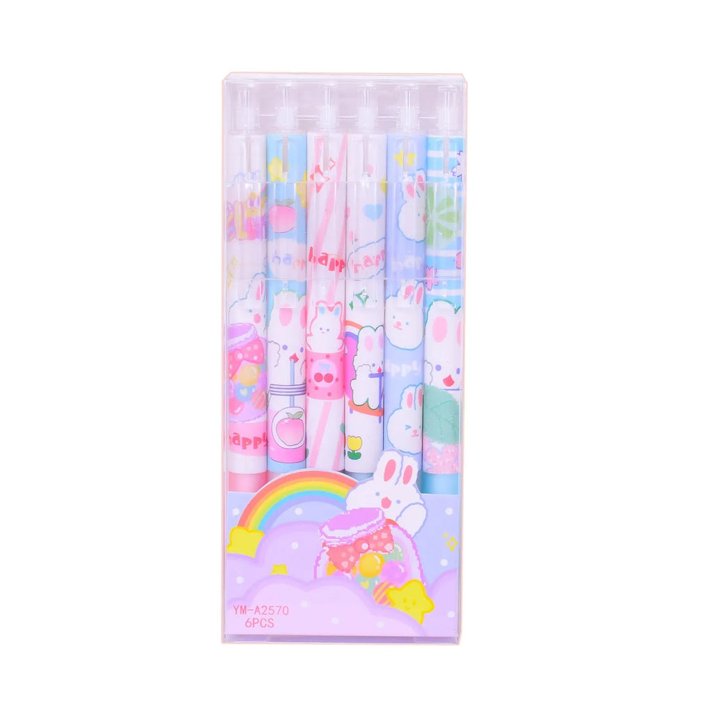 Six black plastic pens with 0.5mm tips and a cartoon bunny design.