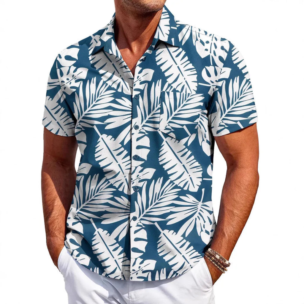 Man wearing a slim fit short sleeve Hawaiian shirt in a solid colour