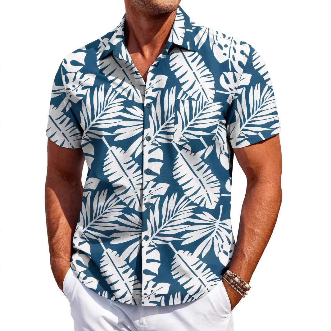 Man wearing a slim fit short sleeve Hawaiian shirt in a solid colour