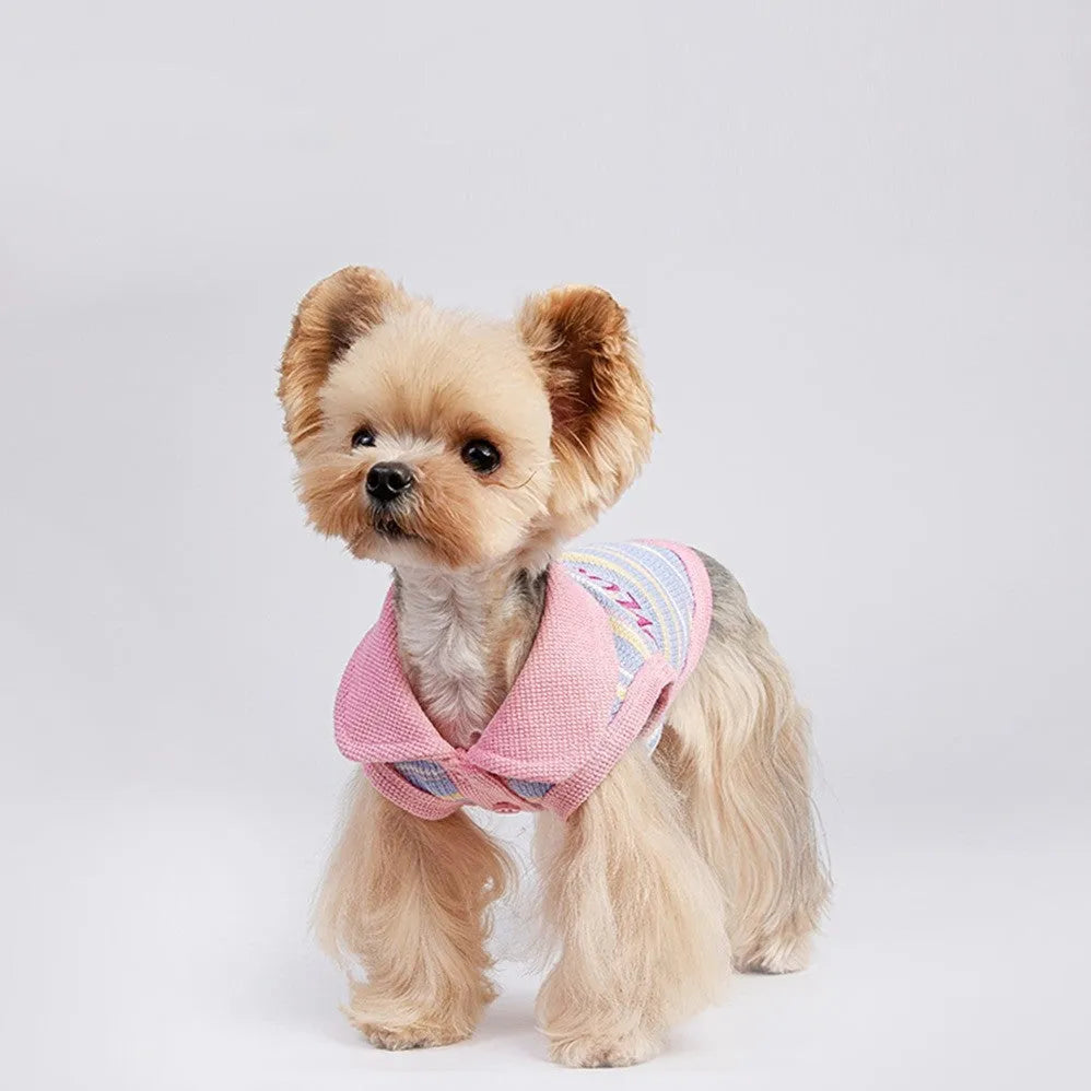 Pink purple autumn vest for small dogs showing weight-based sizing options