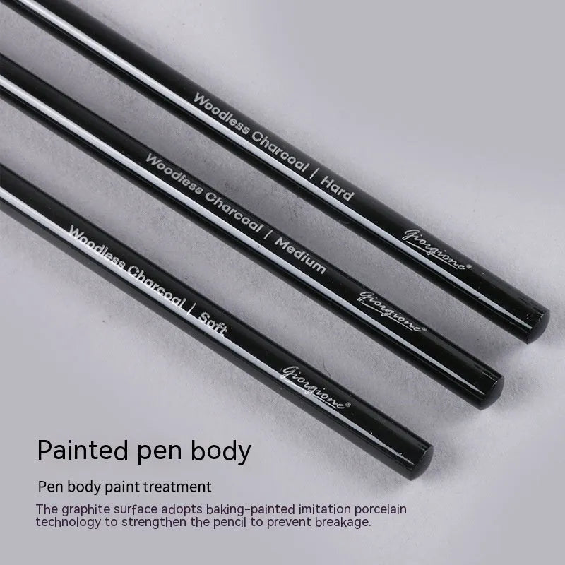 Set of six graphite pencils and three carbonized drawing pencils with wooden casings on a blister card.
