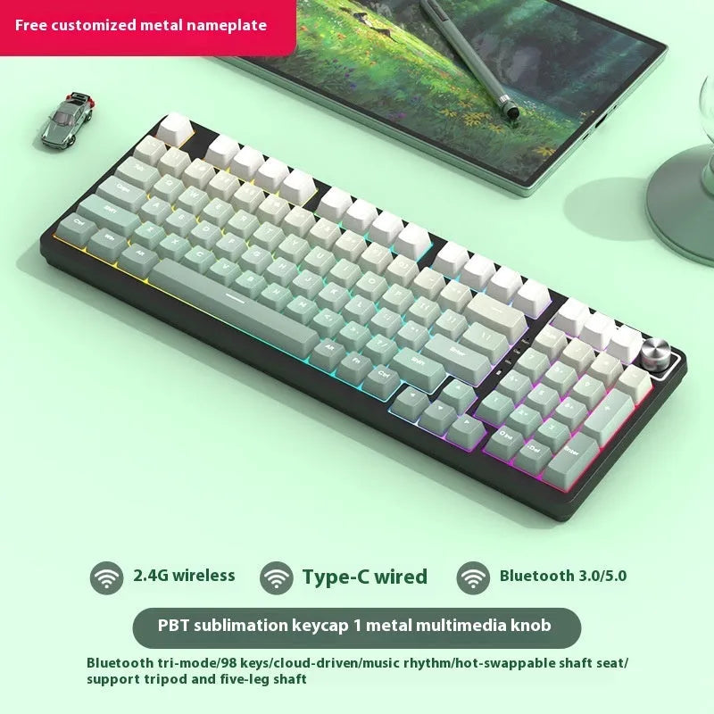 98-key wireless Bluetooth mechanical keyboard kit with metal knob and multiple colour background options