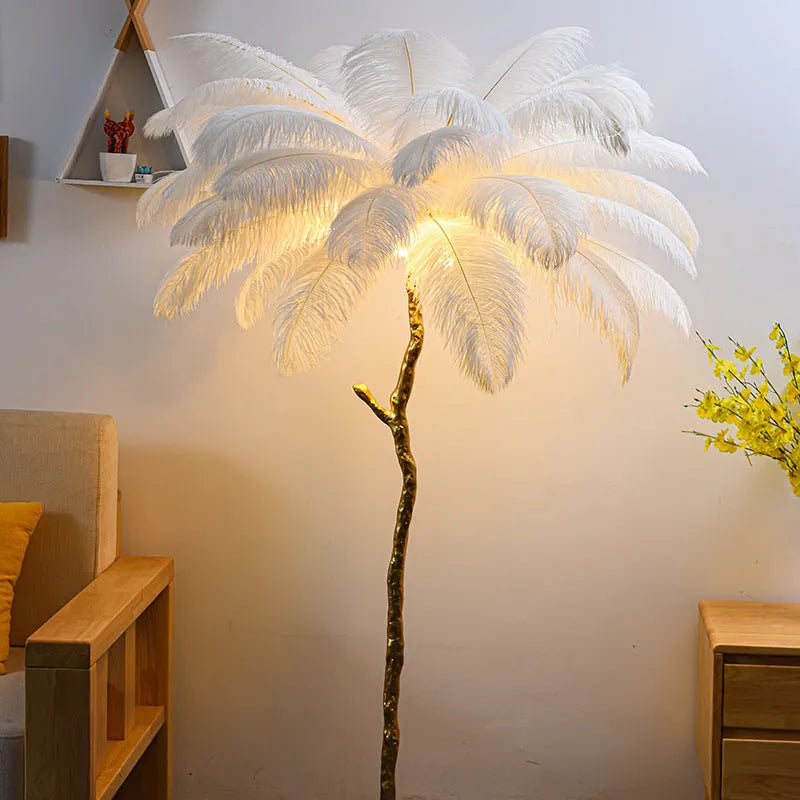 Nordic floor lamp with white feather shade and copper base, 170cm tall, placed in a living room corner