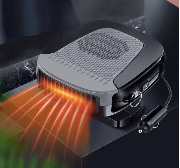 Grey 12V electric air heater for car with cold and warm settings, 150W, ABS housing, and adhesive fixing