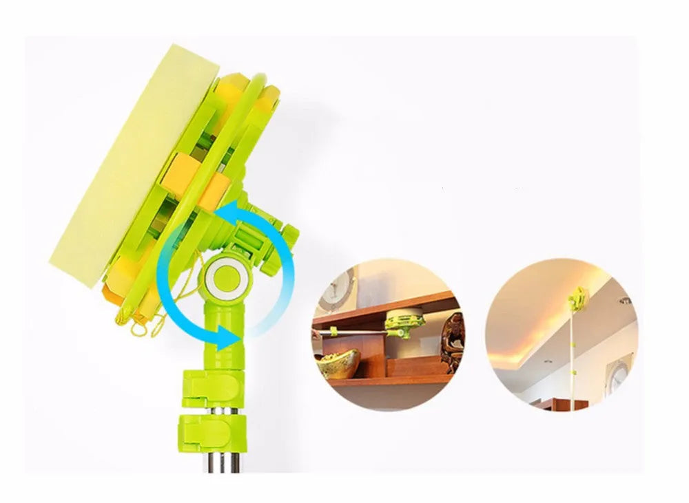 Green glass wiper with telescopic aluminium rod and squeegee tool for window cleaning
