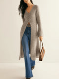 Khaki French style long sleeve cardigan coat with button front closure
