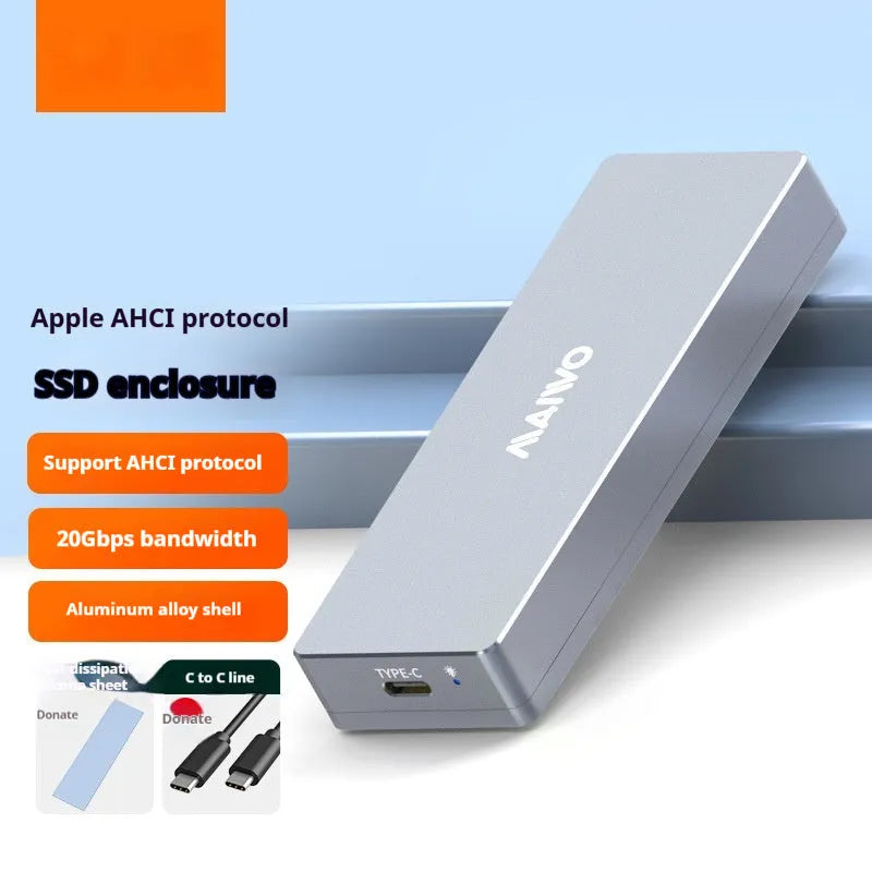 Type-C M.2 NVMe SSD enclosure kit with aluminium housing, screwdriver, screws, heat pad, and adapter cable