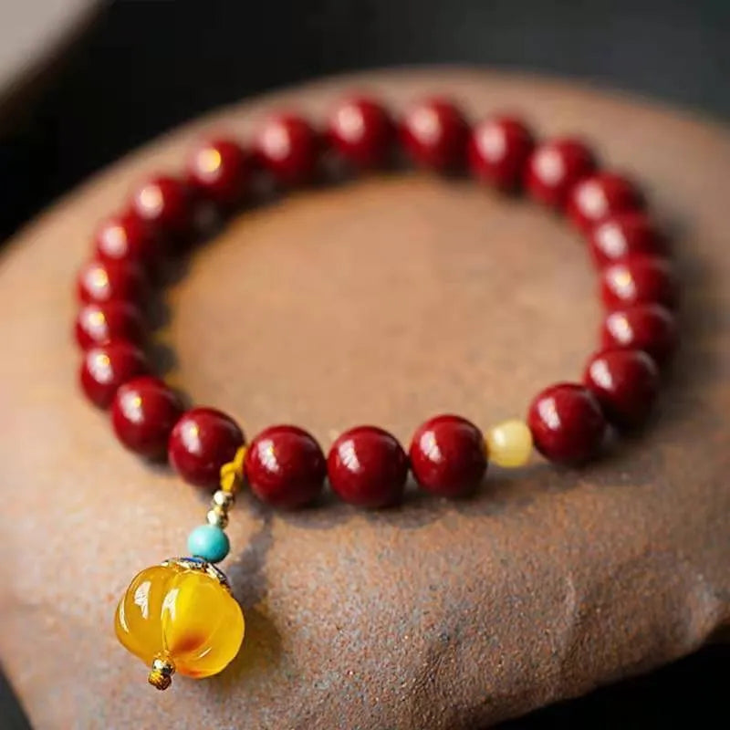 Handmade wave-shaped cinnabar and copper bead bracelet in national style design