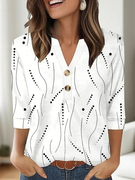Women's loose fit V-neck top with 3D pattern print in Japanese Korean casual style