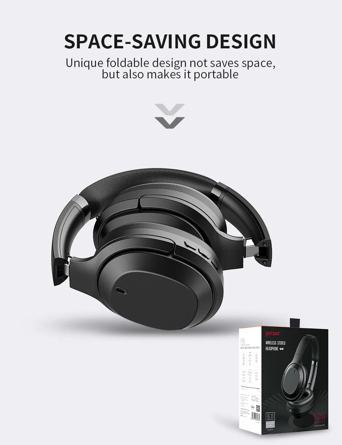 Black Gorsun E98 over-ear wireless Bluetooth headphones with padded headband and ear cups.