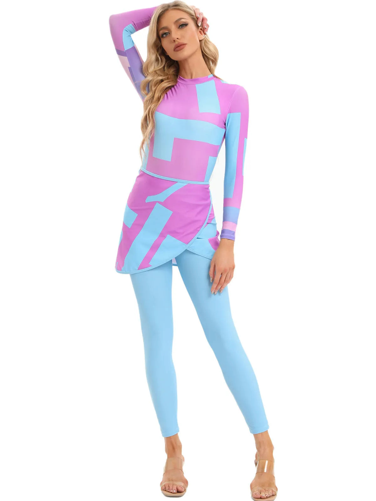 Conservative Muslim swimsuit three-piece set with coordinating apron in polyester fabric