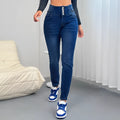 Women's dark blue denim straight-leg trousers with button details and zip fastening