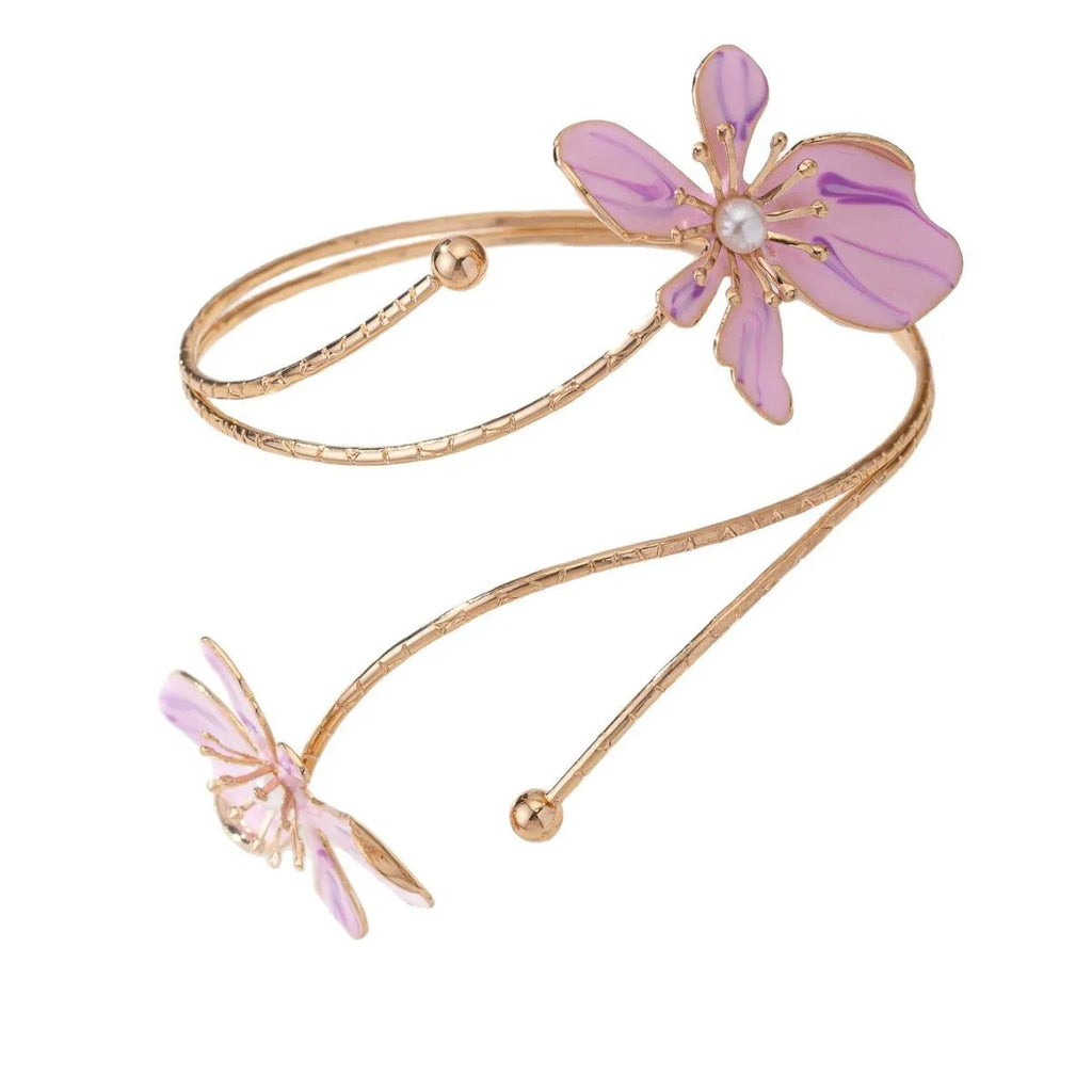 Alloy armband with hollow line pattern in pink or purple metallic finish
