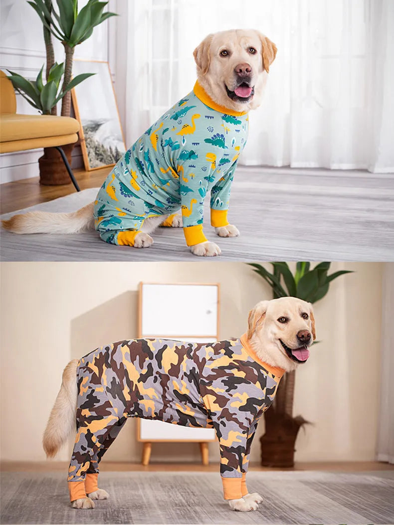 Cotton all-inclusive belly dog coat with dinosaur print on a small dog