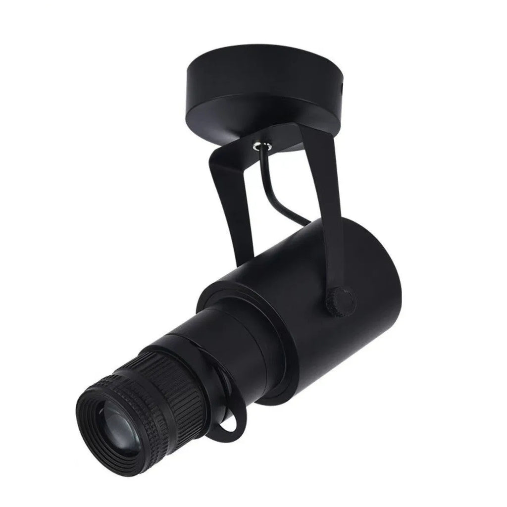 Black surface-mounted LED spotlight with aluminium housing and button control for restaurant lighting