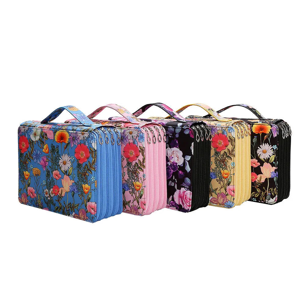 Large capacity four-layer zipped canvas pencil bag in beige with pens inside, 28x20x9cm