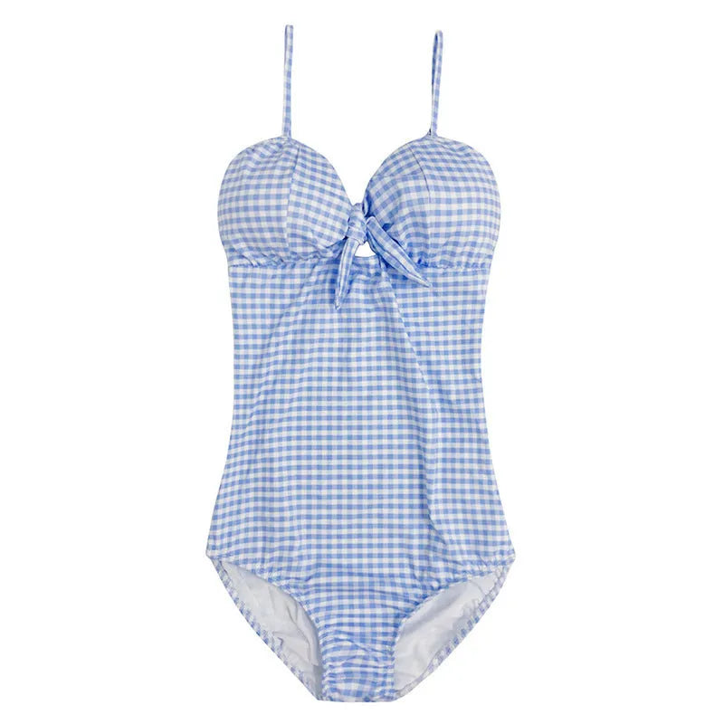 Blue and white plaid one-piece swimsuit for women on hanger
