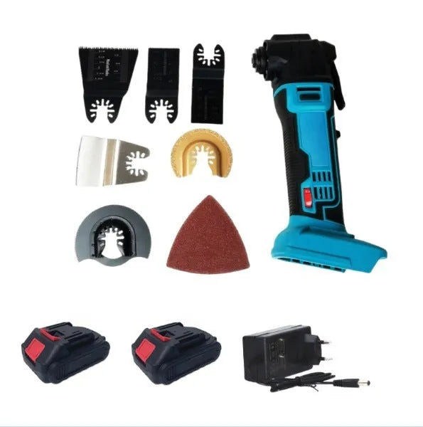 Rechargeable lithium battery garden trimming machine with metal body and 5 accessories in a plastic box.