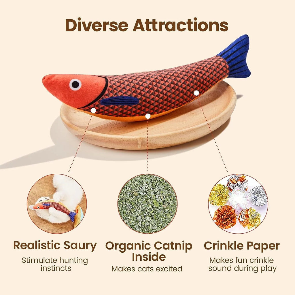 Catnip fish kicker toy in green, orange, or yellow with soft plush and cotton construction