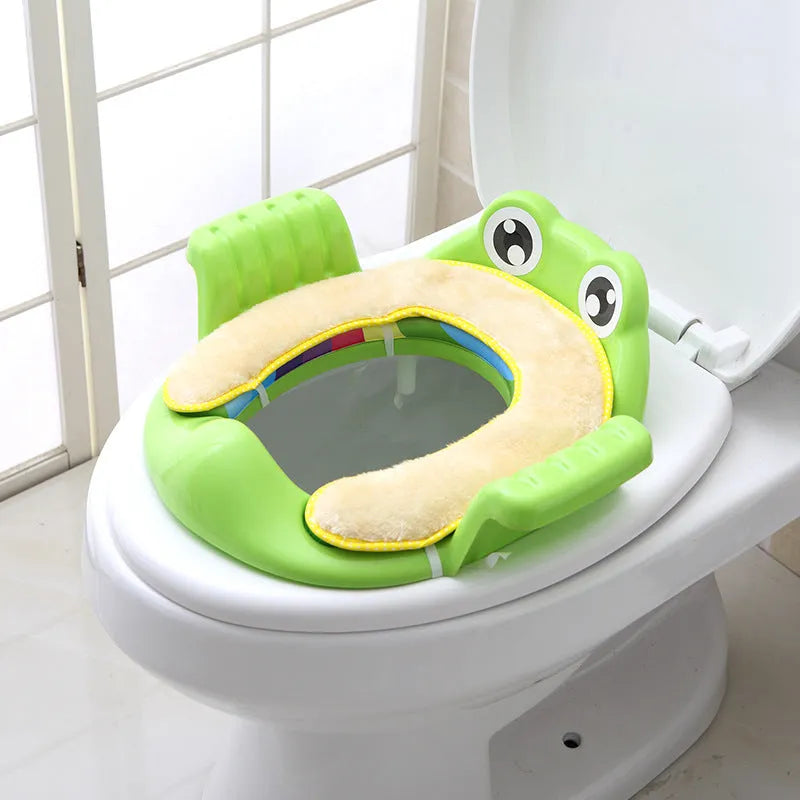 Pink baby toilet seat with adjustable non-slip pads for toddlers aged 1-6 years on a toilet bowl
