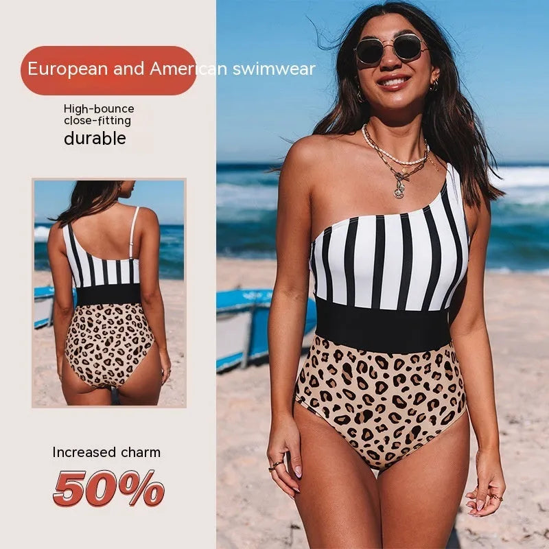 Women's leopard print asymmetric collar one-piece swimsuit with high waist triangle briefs design