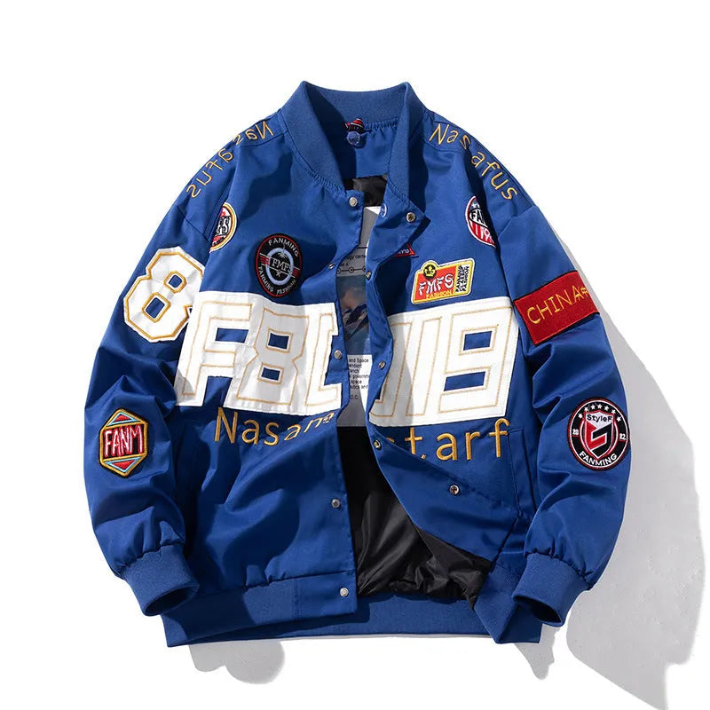 Black American motorcycle baseball uniform jacket with side pockets and removable hood