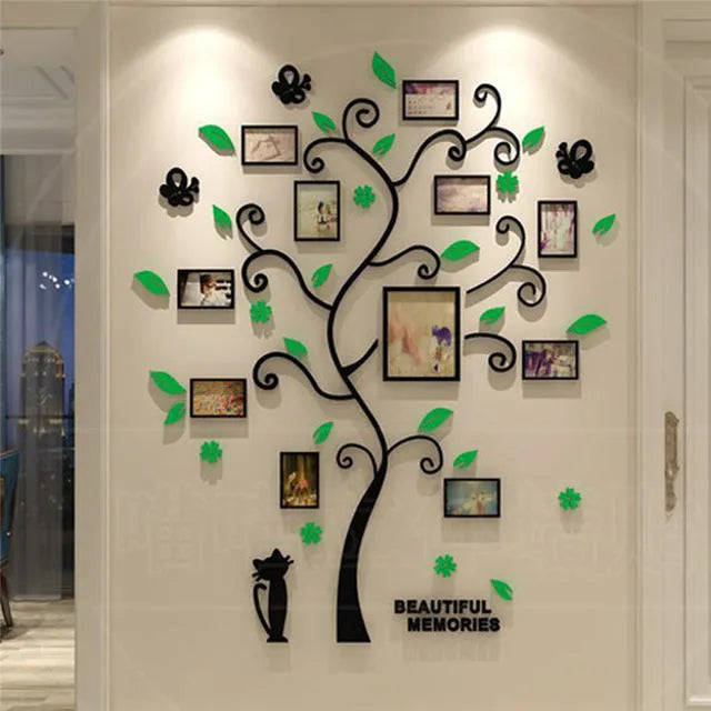 Acrylic family photo frame tree wall sticker with 11 frames, black branch design, adhesive backing
