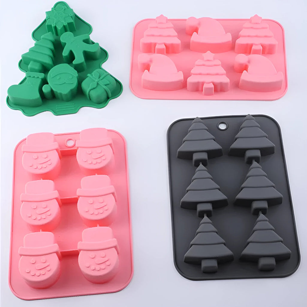 Christmas silicone 6-grid baking mold with festive shape cavities in pink colour option
