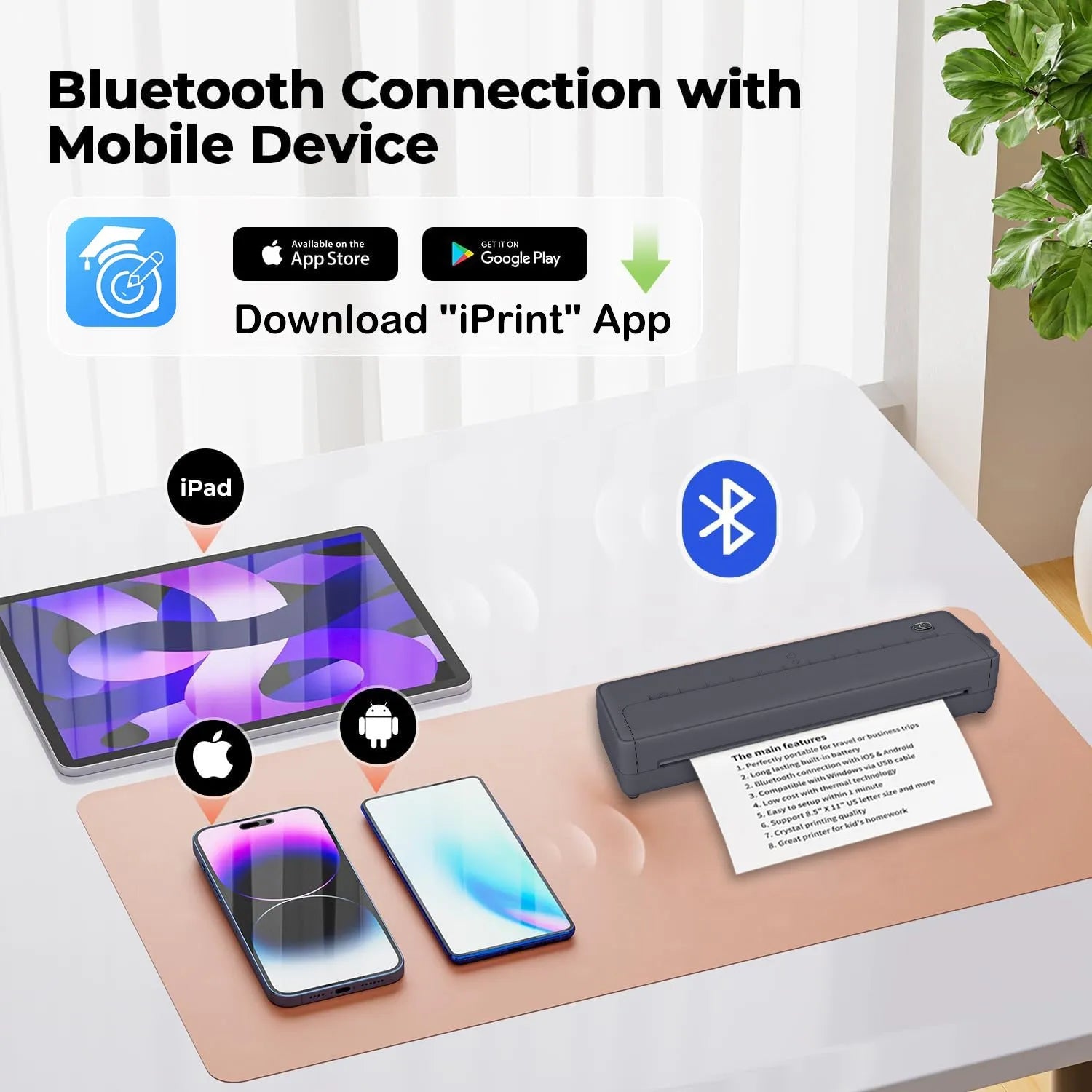 Black or white Bluetooth A4 portable printer with wireless mobile phone connectivity
